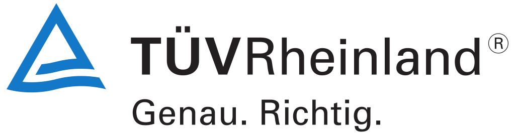 Logo von TÜV Rheinland mit blauem Symbol und Schriftzug.