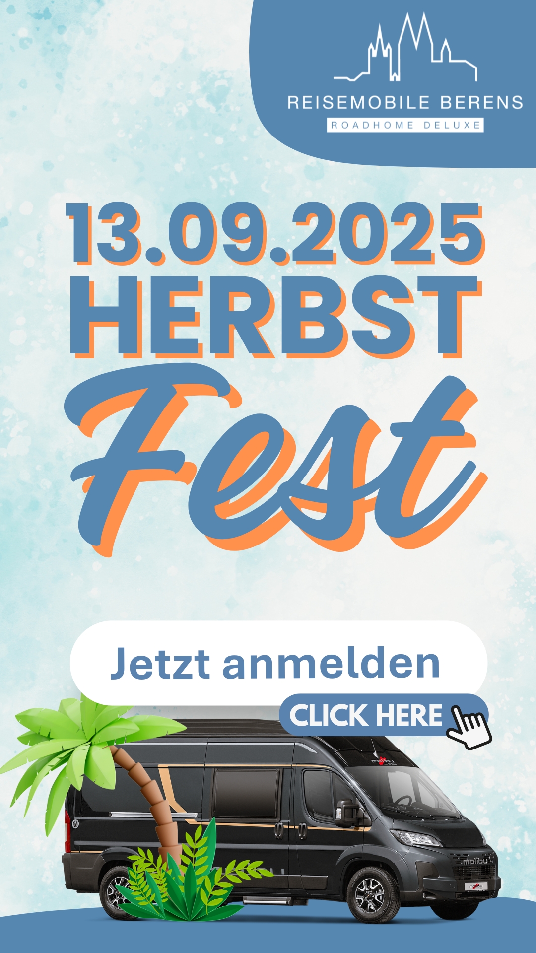 Teaser für das Herbstfest 2025 mit Datum und Anmeldemöglichkeit, abgebildet auf einem bunten Hintergrund.