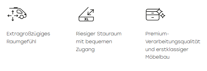 Drei Symbole, die verschiedene Fahrzeugmerkmale darstellen, darunter Raumgefühl, Stauraum und Verarbeitungsqualität.