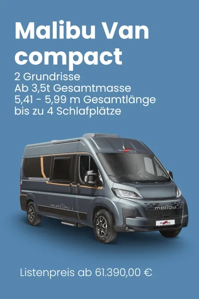 Malibu Van Compact mit zwei Grundrissen und Platz für bis zu vier Schlafplätze.