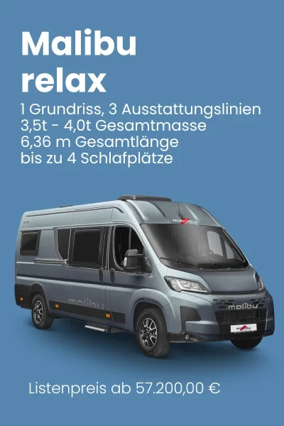Malibu Relax Wohnmobil in grauer Farbe mit technischen Spezifikationen und Preisangabe.