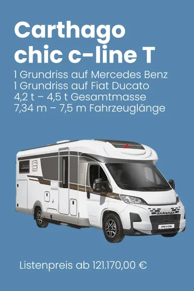 Carthago chic c-line T Wohnmobil auf einem blauen Hintergrund mit technischen Details.