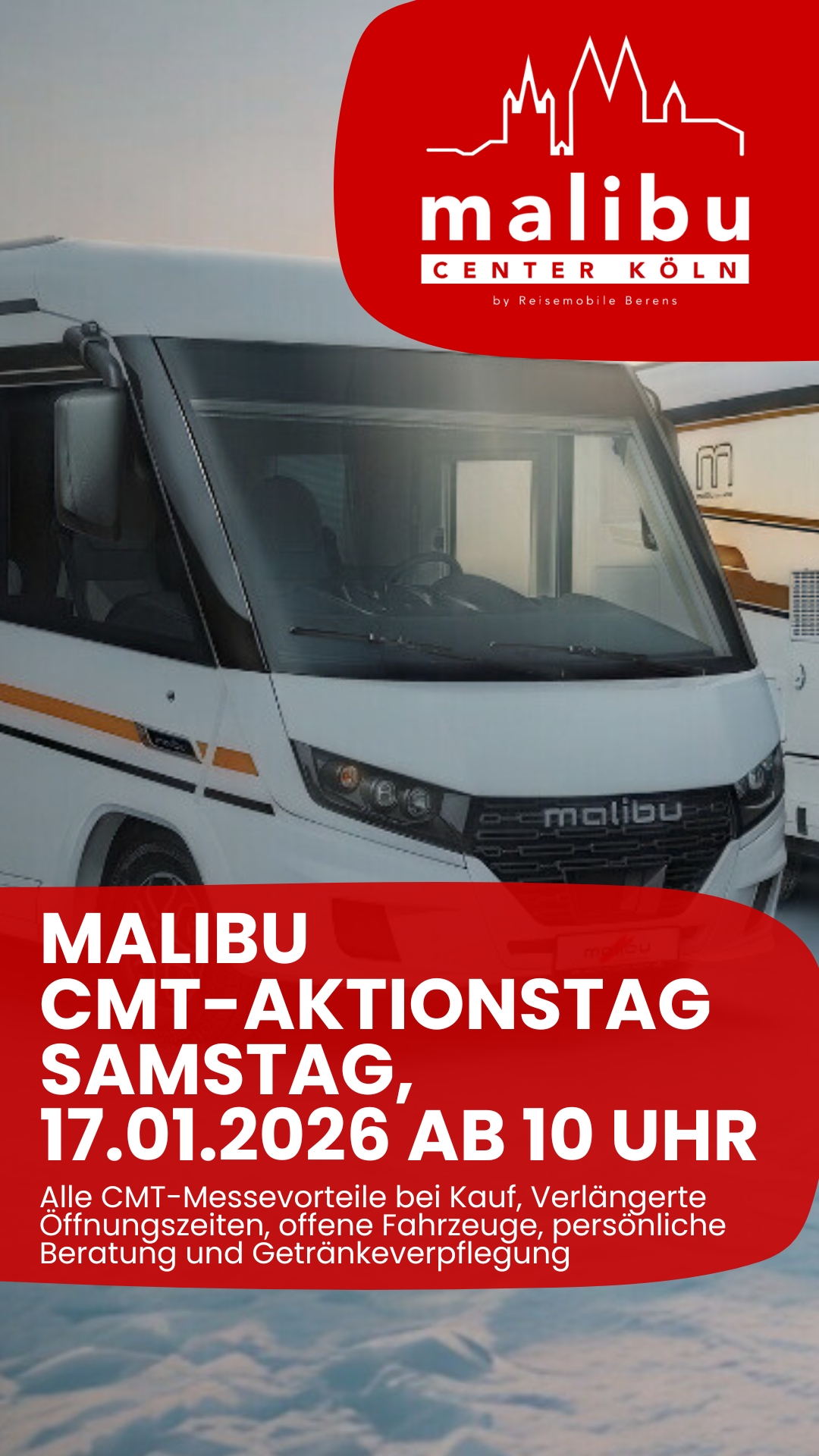 Ankündigung für den Malibu CMT-Aktionstag am 17.01.2026 mit einem Wohnmobil im Hintergrund.