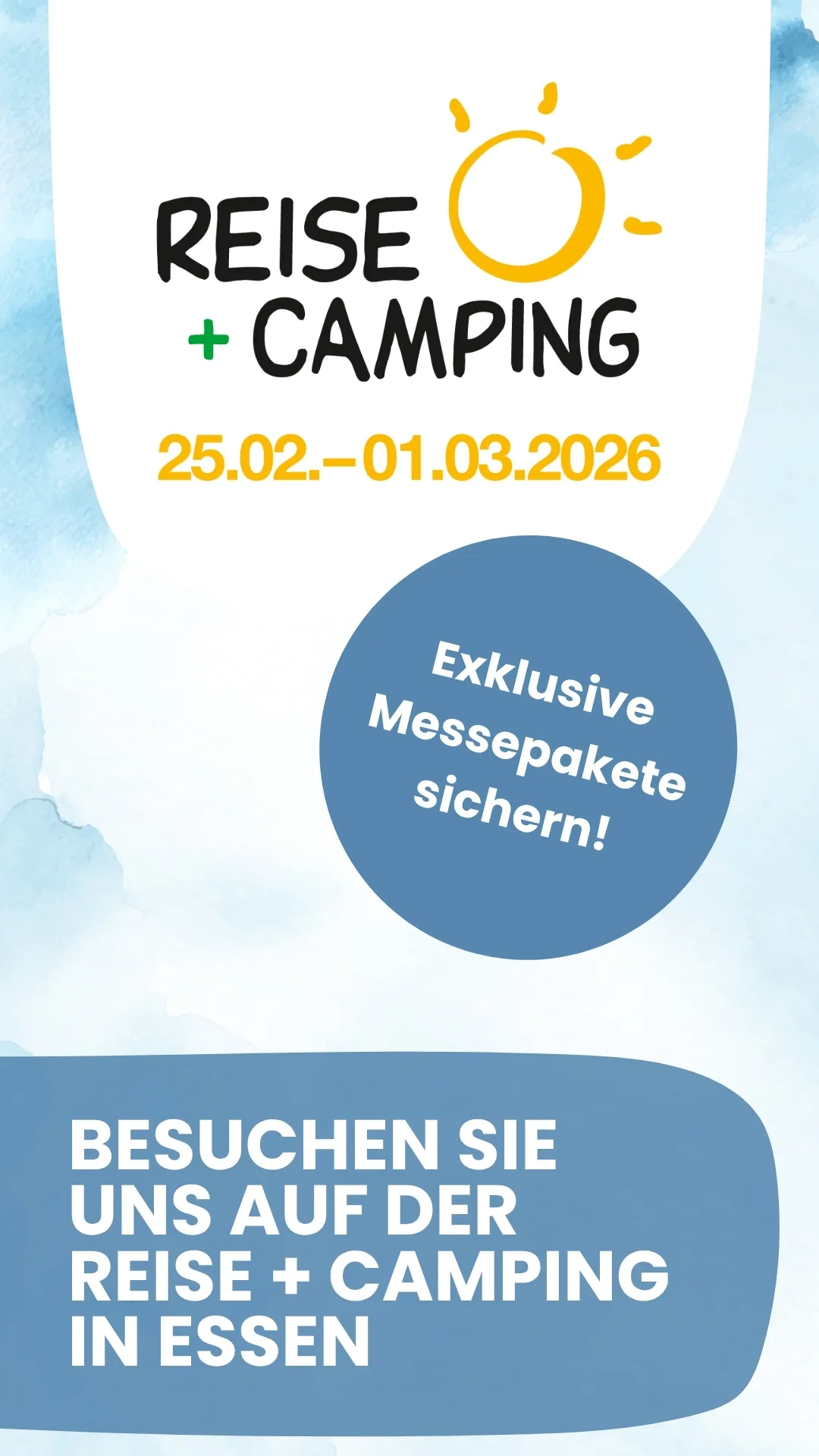 Teaser für die Reise + Camping Messe 2026 mit Datum und Hinweis auf exklusive Messepakete.