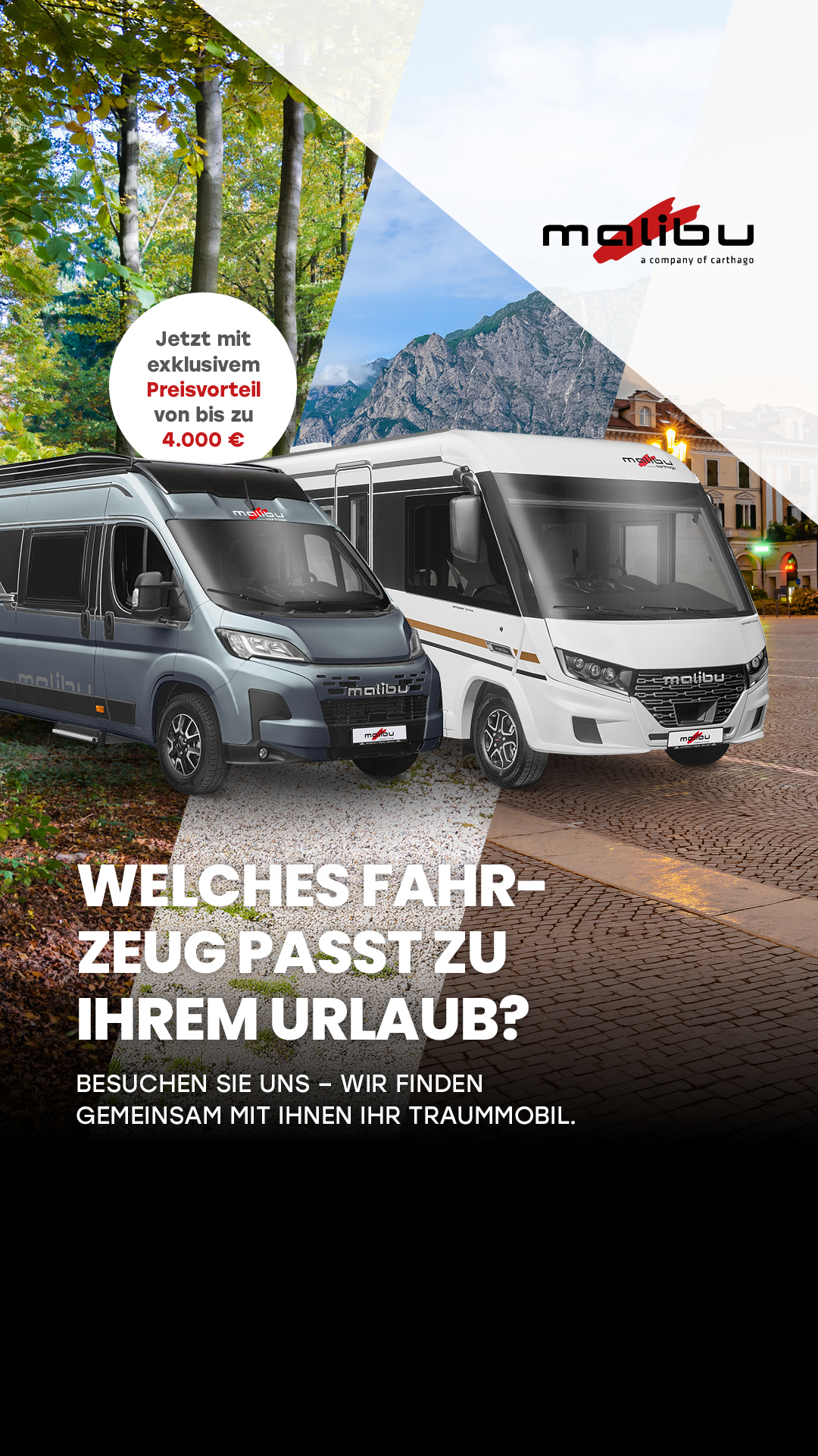 Zwei Malibu Wohnmobile nebeneinander vor einer Kulisse mit Bergen, Bäumen und Stadtmerkmalen; Teil der Fruehjahrskampagne mit markantem Branding