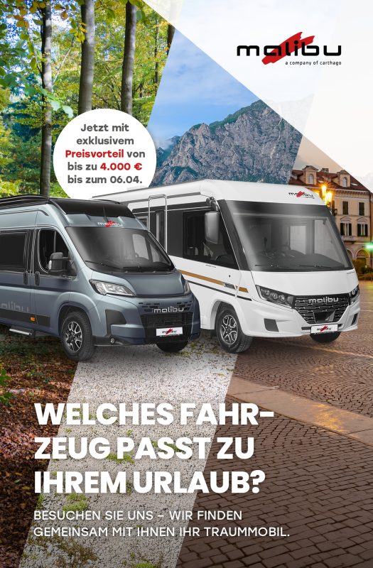 Malibu-Center Köln Werbebild mit grauem und weißem Camper-Van vor urbaner Kulisse; grüne Baumkulisse im Hintergrund, diagonale Grafikelemente, Malibu-Logo