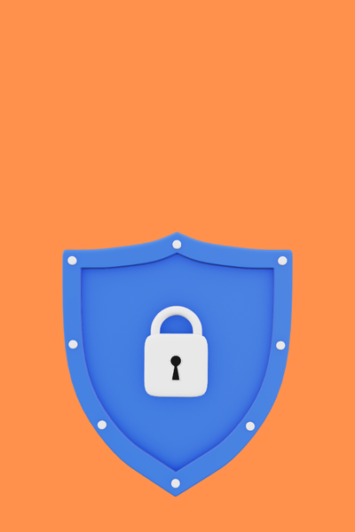 Ein blaues Schutzschild mit weißem Vorhängeschloss auf orangefarbenem Hintergrund steht für digitalen Schutz, Sicherheit und geschützte Zugänge.